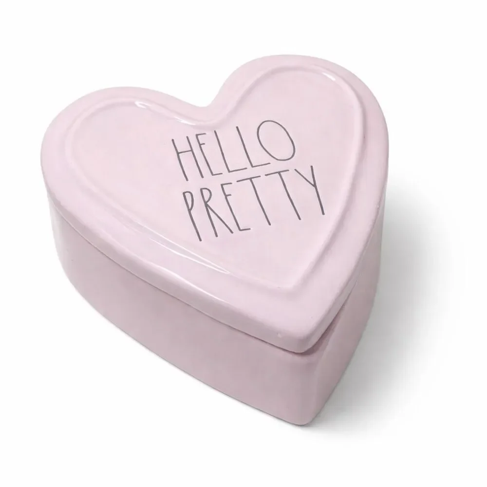 RAE Dunn HELLO PRETTY Ceramic Heart Shaped Box PINK- READ